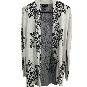 Grace Floral Open Front Cardigan Sweater Light Gray Black Size L Casual Layering